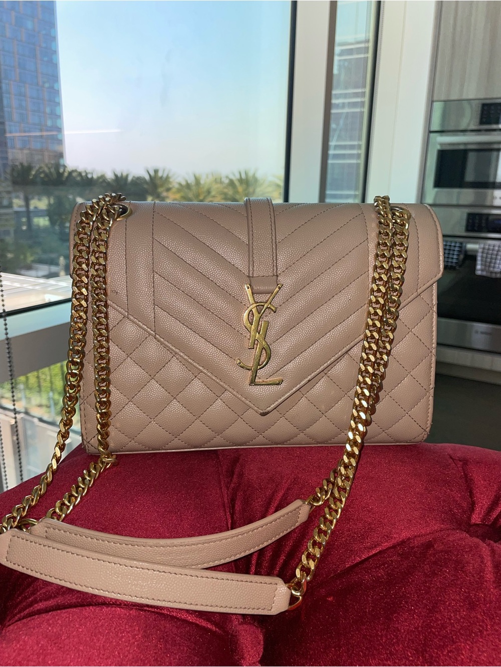 Saint Laurent Quilted Chain Shoulder Bag in Dark Beige